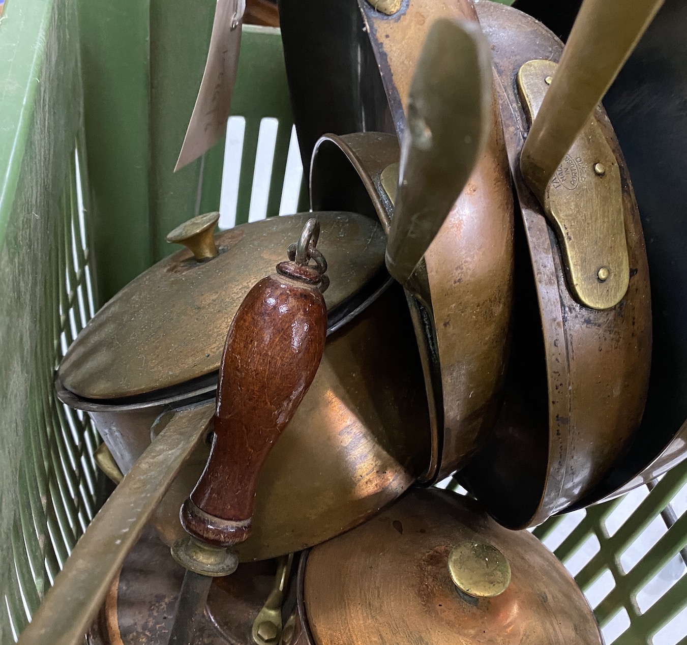 Assorted copper and brass pans, etc.